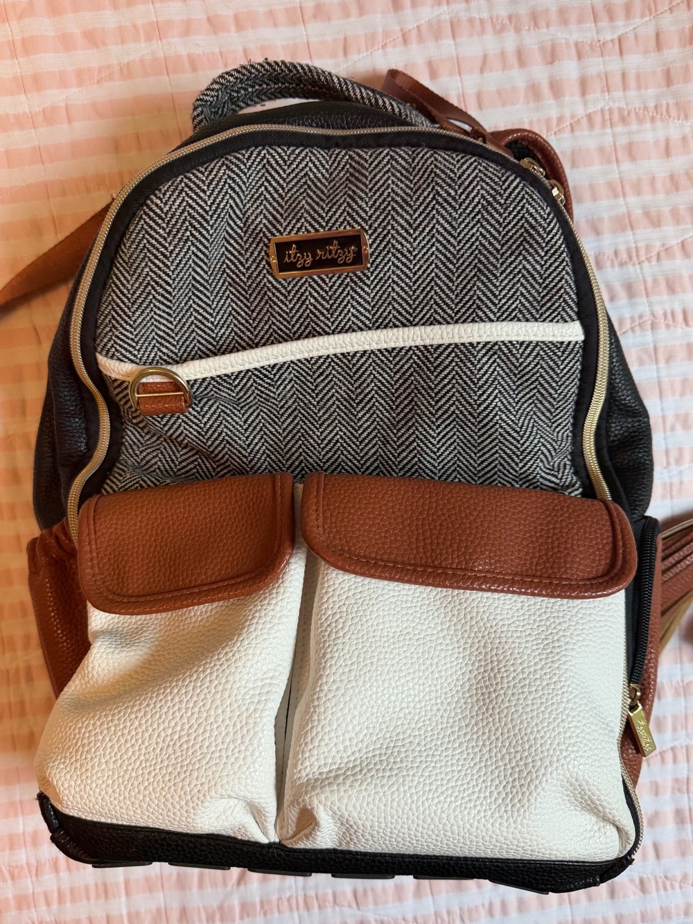 Itzy Ritzy Brown, White & Black Herringbone Mini Backpack